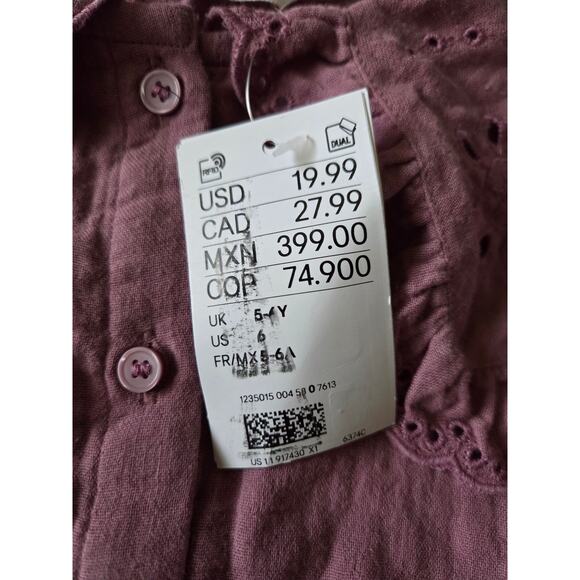 H&M Mauve long sleeved eyelet Blouse size 6 girls  NWT - Picture 6 of 8